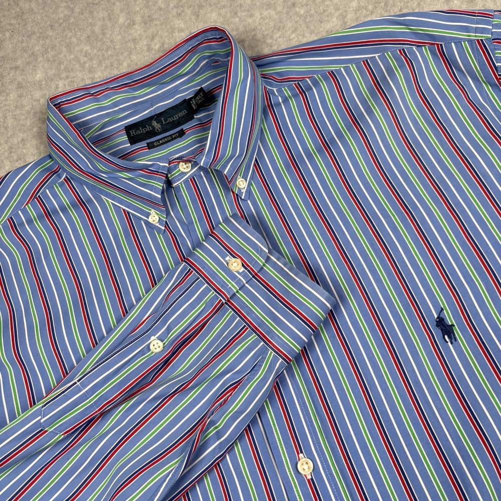 Ralph Lauren Men's 2XLT Tall Blue Green Red Stripe Button Down Shirt Cotton Logo